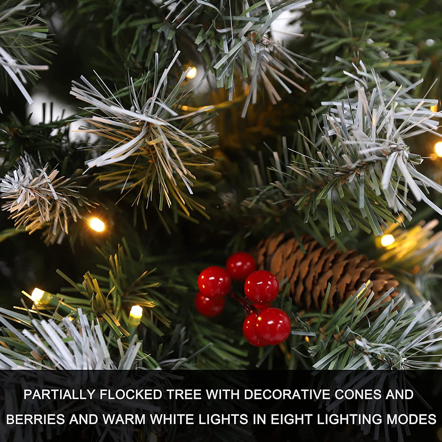 6FT Snow Frosted Christmas Tree, Pre-lit Artificial Christmas Tree with Pine Cones Red Holly Berries, Spruce Christmas Tree, Holiday Decoration Tree w/800 Tips &amp; 290 Lights