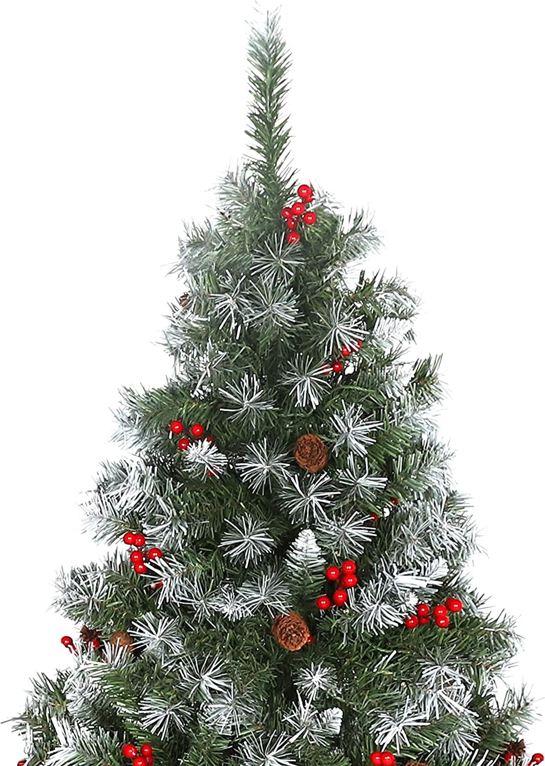 6FT Snow Frosted Christmas Tree, Pre-lit Artificial Christmas Tree with Pine Cones Red Holly Berries, Spruce Christmas Tree, Holiday Decoration Tree w/800 Tips &amp; 290 Lights