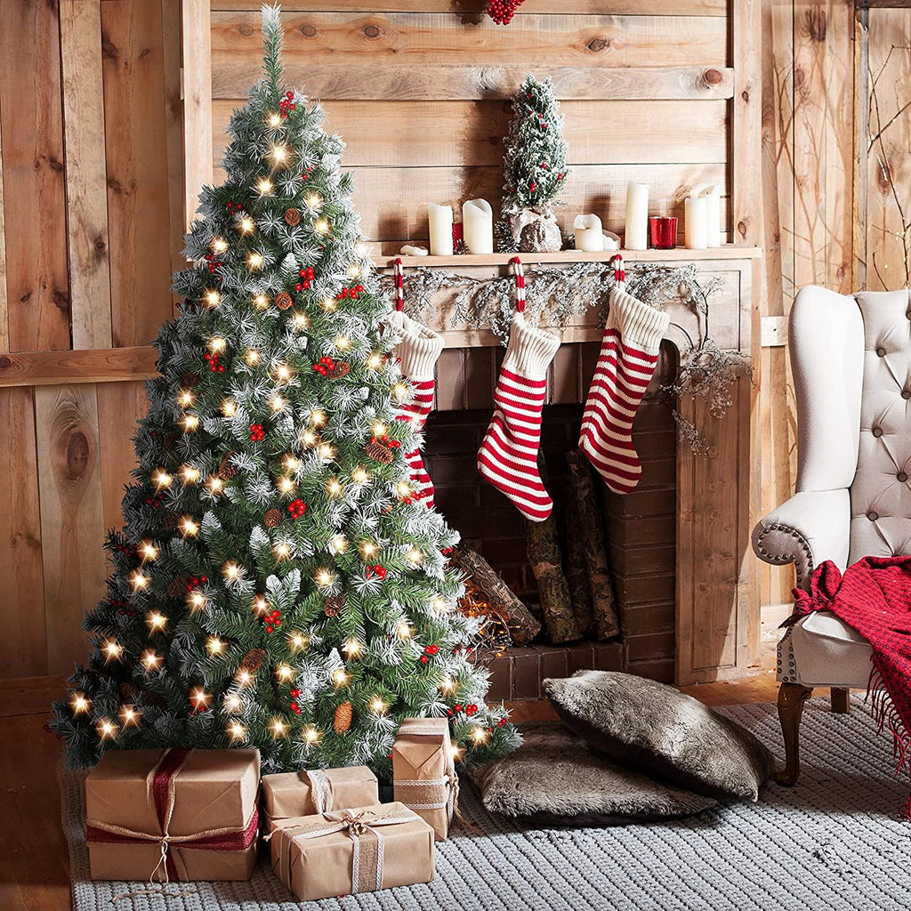 6FT Snow Frosted Christmas Tree, Pre-lit Artificial Christmas Tree with Pine Cones Red Holly Berries, Spruce Christmas Tree, Holiday Decoration Tree w/800 Tips &amp; 290 Lights