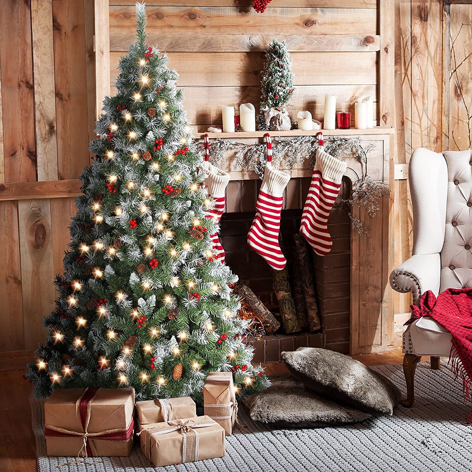 6FT Snow Frosted Christmas Tree, Pre-lit Artificial Christmas Tree with Pine Cones Red Holly Berries, Spruce Christmas Tree, Holiday Decoration Tree w/800 Tips &amp; 290 Lights
