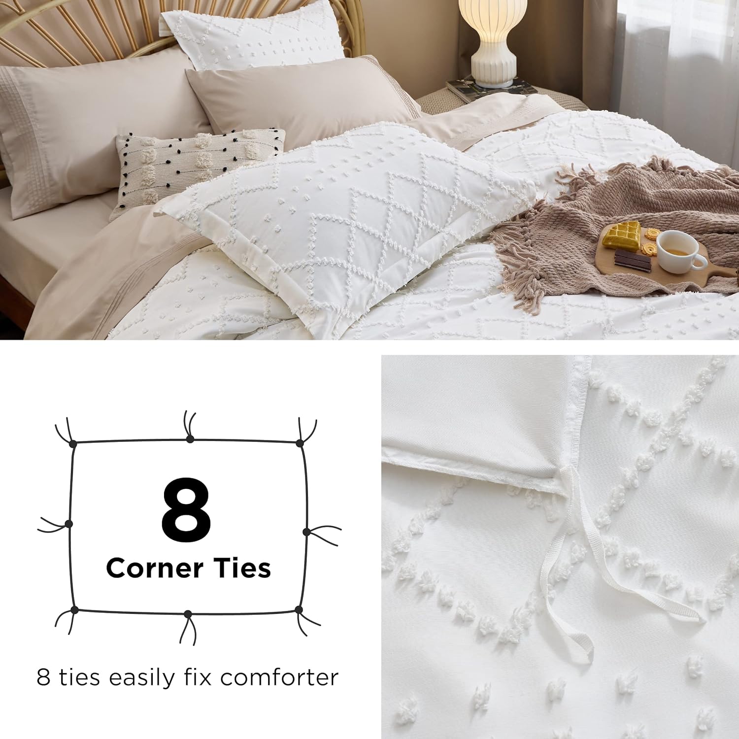 Bedsure Boho Duvet Cover Queen - Boho Bedding, Tufted Queen Duvet Cover for All Seasons, 3 Pieces Embroidery Shabby Chic Home Bedding Duvet Cover (White, Queen, 90x90)