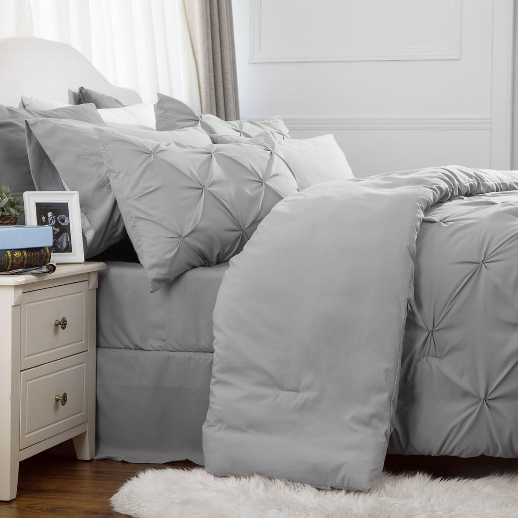Bedsure Queen Comforter Set - 7 Pieces Comforters Queen Size Grey, Pintuck Bedding Sets Queen for All Season, Bed in a Bag with Flat Sheet and Fitted Sheet, Pillowcases &amp; Shams
