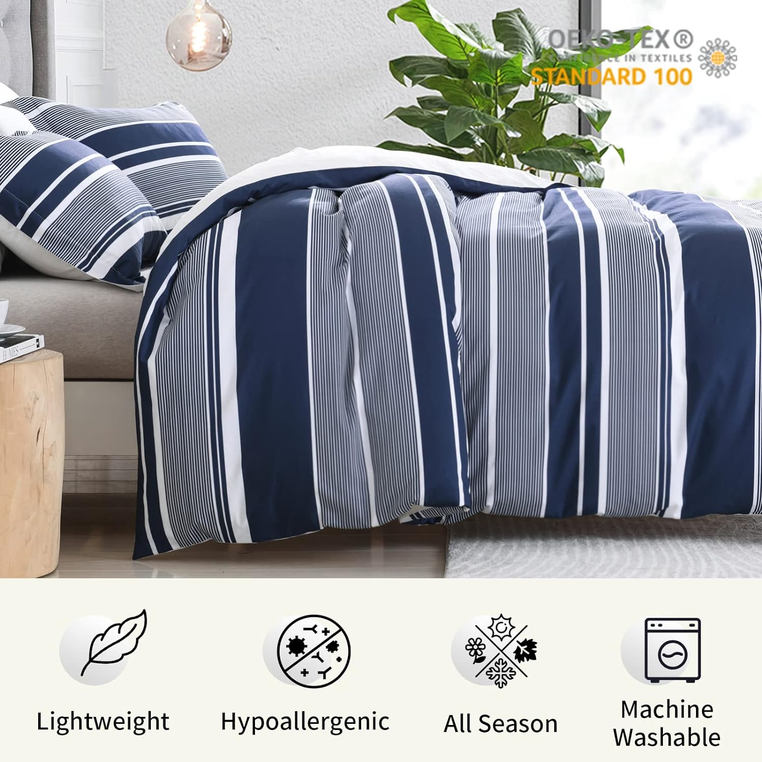 Bedduvit Navy Duvet Cover Queen - Cotton Duvet Cover Queen Size,3 Piece Percale Striped Duvet Cover Queen Sets,Simple Modern Queen Duvet Cover with Zipper Closure &amp; 8 Ties