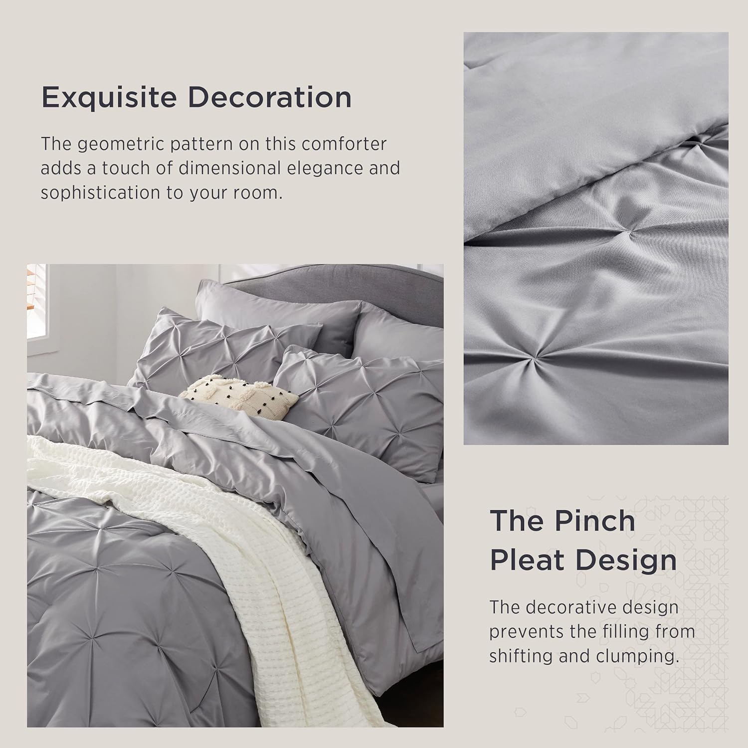 Bedsure Queen Comforter Set - 7 Pieces Comforters Queen Size Grey, Pintuck Bedding Sets Queen for All Season, Bed in a Bag with Flat Sheet and Fitted Sheet, Pillowcases &amp; Shams