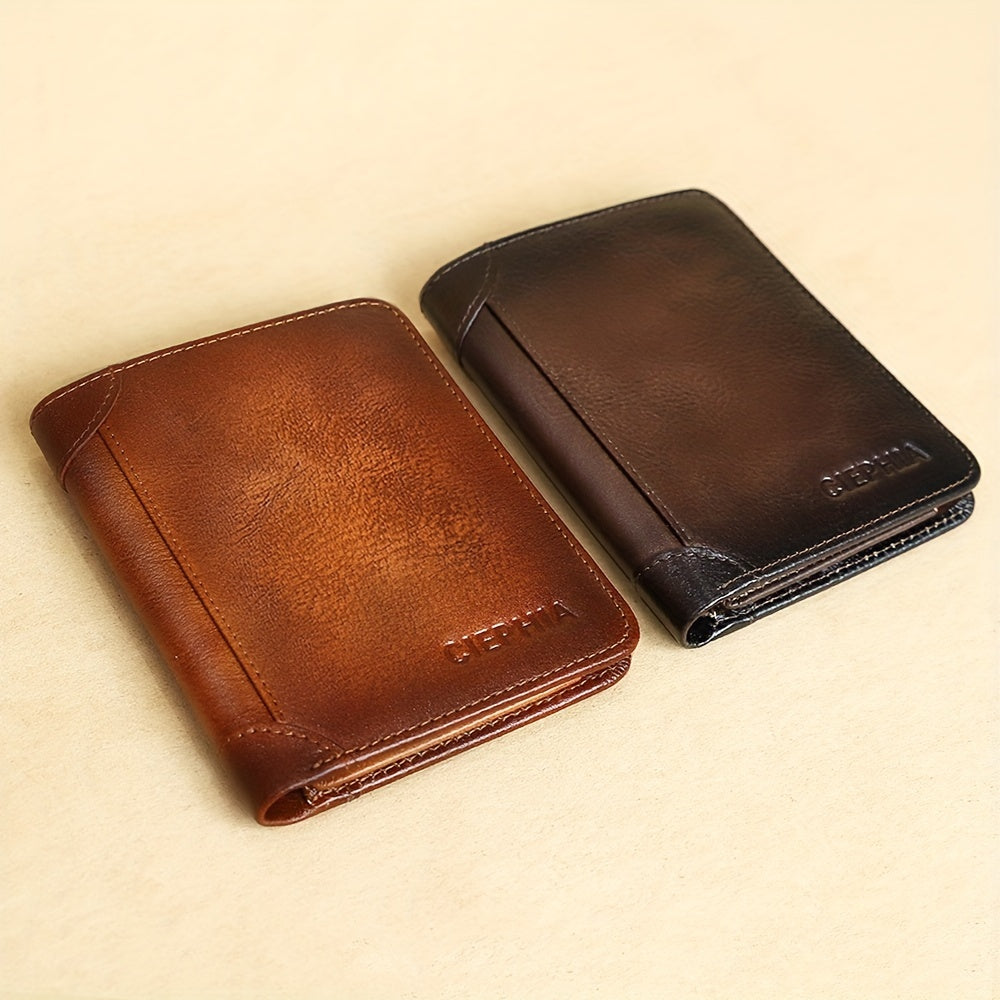 1pc Genuine Leather Rfid BlocWallets For Men, Retro Thin Short Multi-functional ID Credit Card Holder, Gifts To Men On Valentine's Day