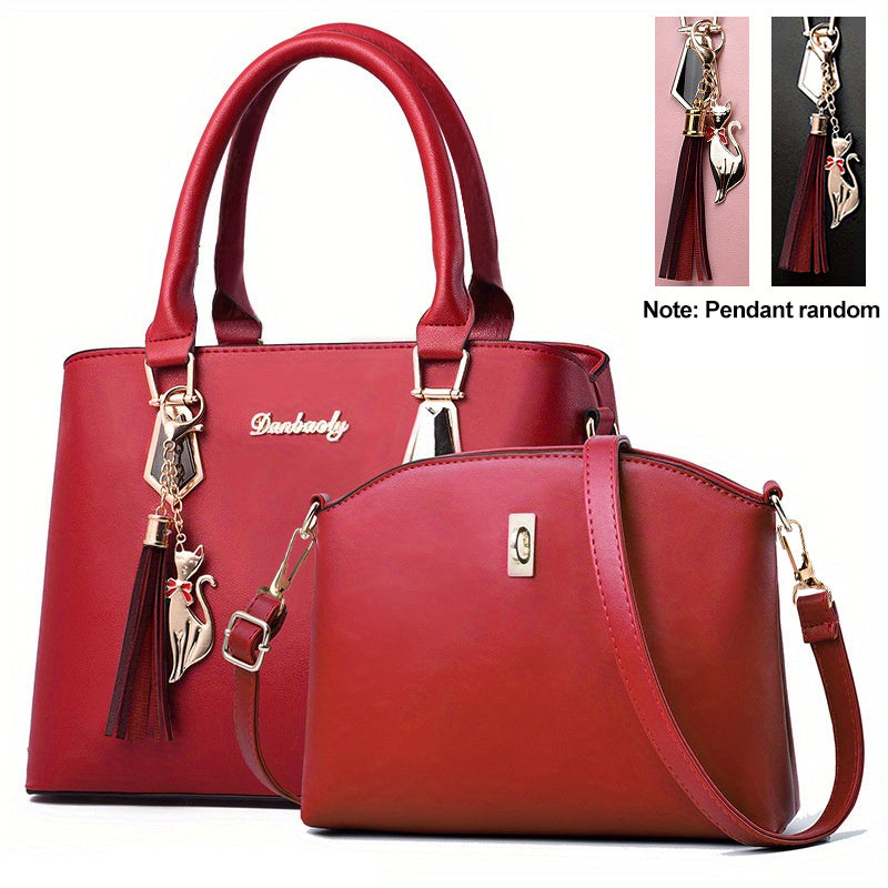 2pcs PU Leather Bag Set, Tassel Decor Handbag &amp; Crossbody Bag, Women's Office &amp; Work Purse