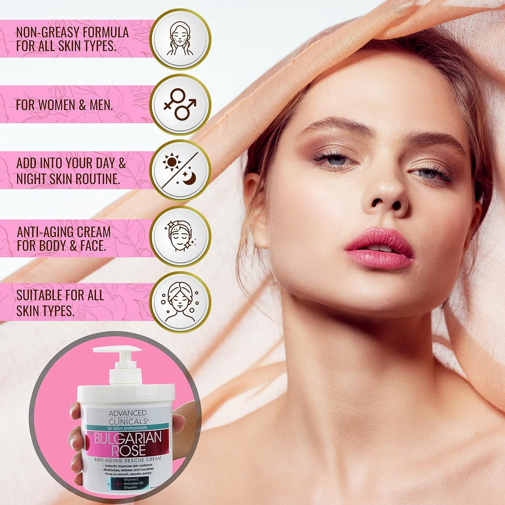 Advanced Clinicals Bulgarian Rose Anti Aging Rescue Cream Face &amp; Body Moisturizing Skin Care Lotion, Skincare Moisturizer For Dry Skin, Age Spots, &amp; Improving Skin Radiance, Large 16 Oz (Pack of 2)
