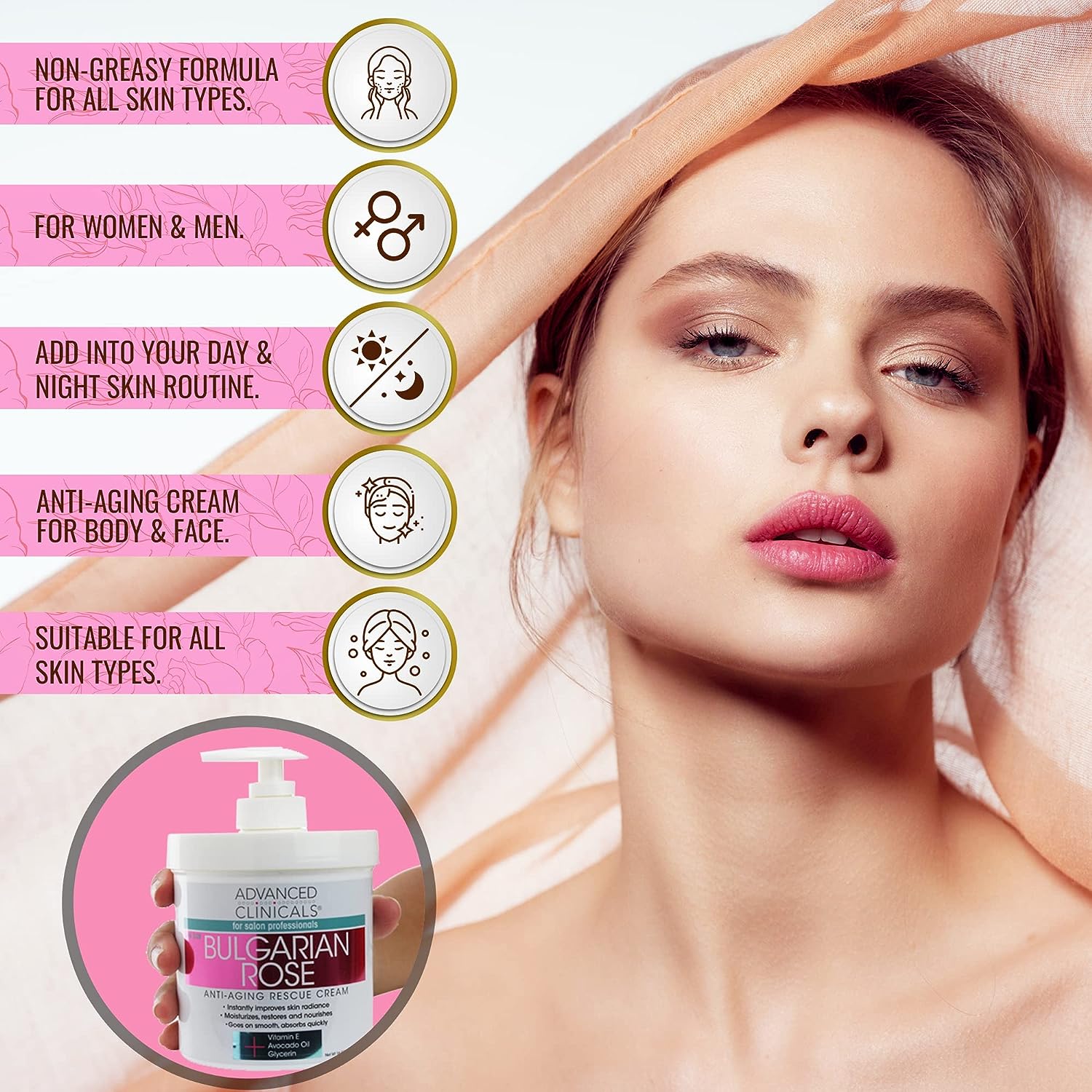 Advanced Clinicals Bulgarian Rose Anti Aging Rescue Cream Face &amp; Body Moisturizing Skin Care Lotion, Skincare Moisturizer For Dry Skin, Age Spots, &amp; Improving Skin Radiance, Large 16 Oz (Pack of 2)