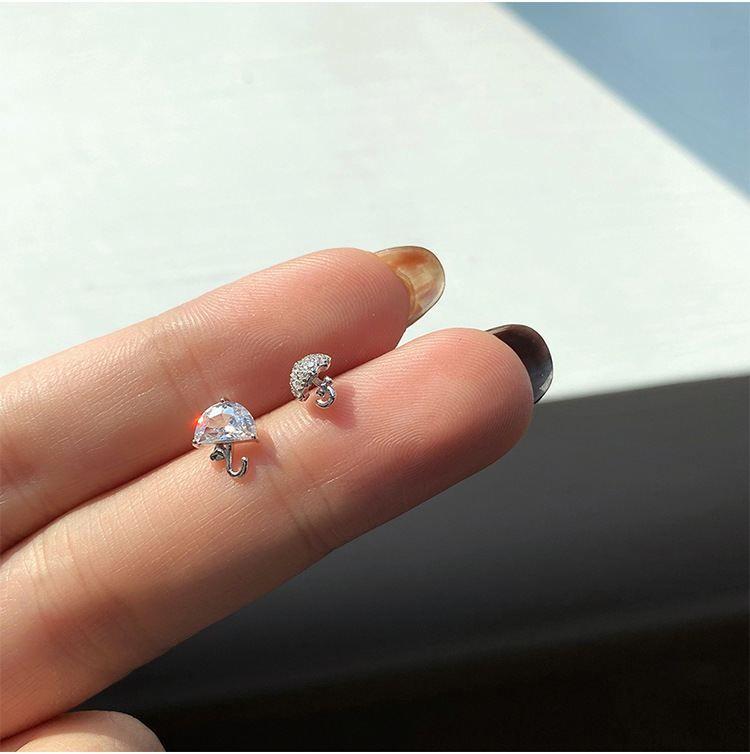 asymmetry mini cz umbrella 925 sterling silver stud earrings