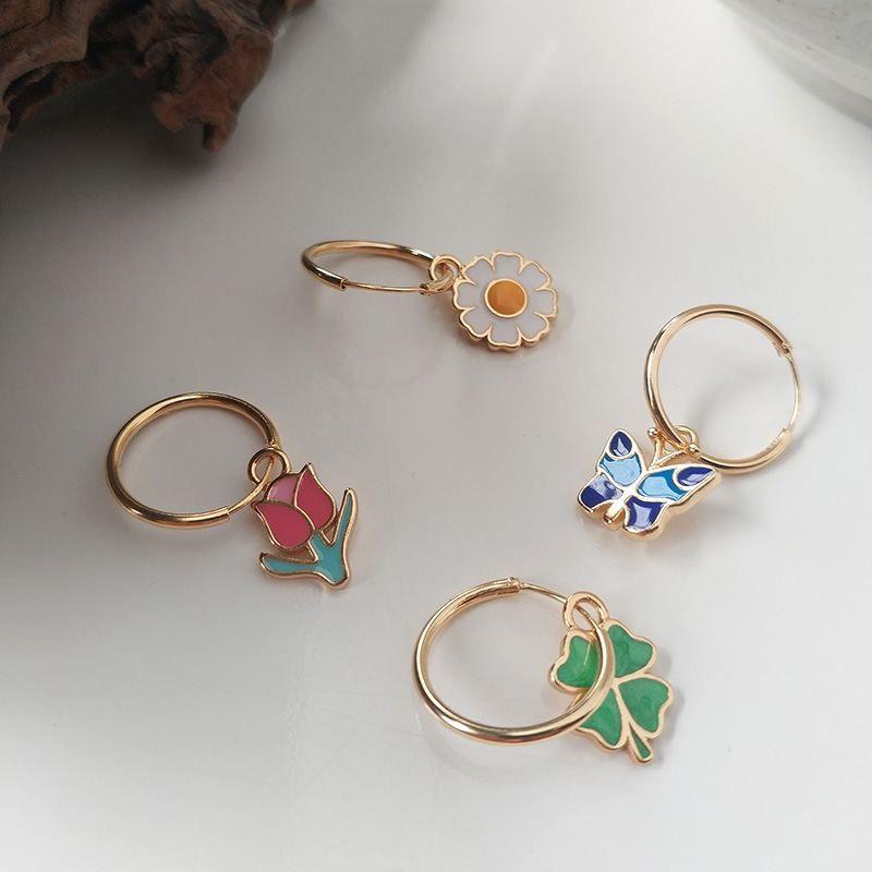 beautiful four leaf clover flower flower butterfly 925 sterling silver hoop earrings