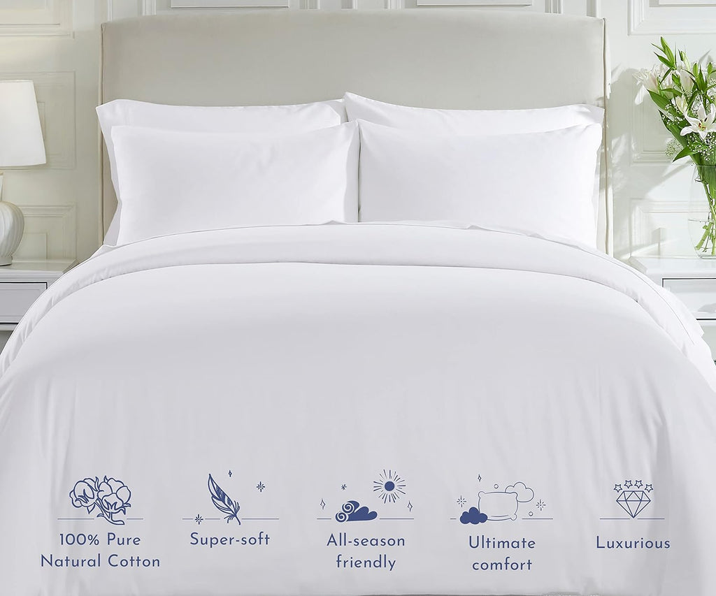 California  Den Cotton Duvet Cover - Premium 400 Thread Count Comforter Cover, Soft Sateen Weave, Button Closure and Corner Ties (1 Piece, Pure White, Queen)