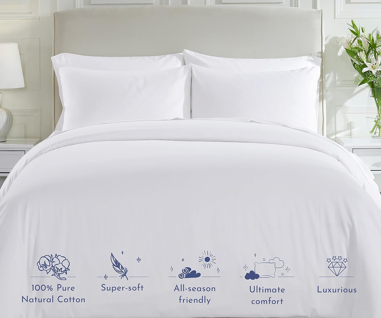 California  Den Cotton Duvet Cover - Premium 400 Thread Count Comforter Cover, Soft Sateen Weave, Button Closure and Corner Ties (1 Piece, Pure White, Queen)