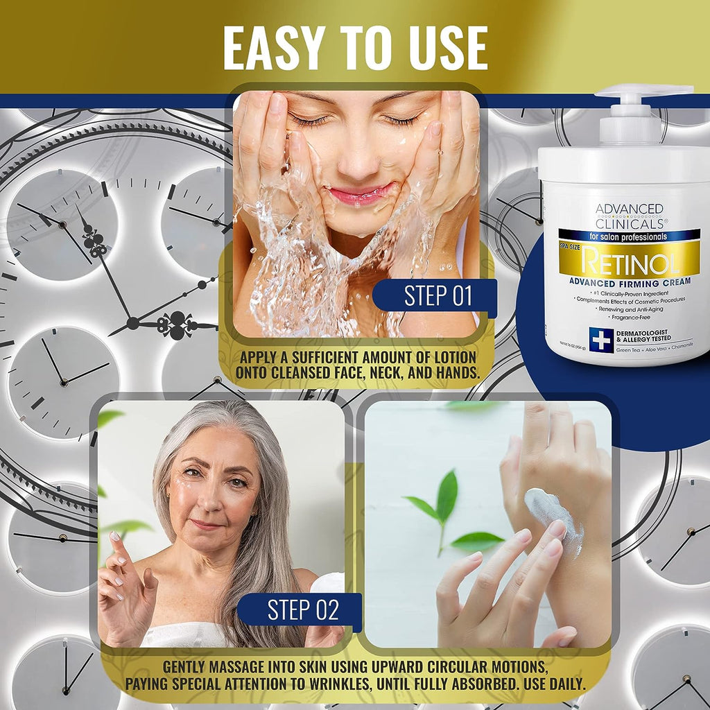 Advanced Clinicals Retinol Body Lotion Moisturizer Face Lotion &amp; Body Cream | Crepey Skin Care Treatment | Fragrance Free Retinol Cream Targets Look Of Crepe Skin, Wrinkles, Sagging Skin, Large 16 Oz