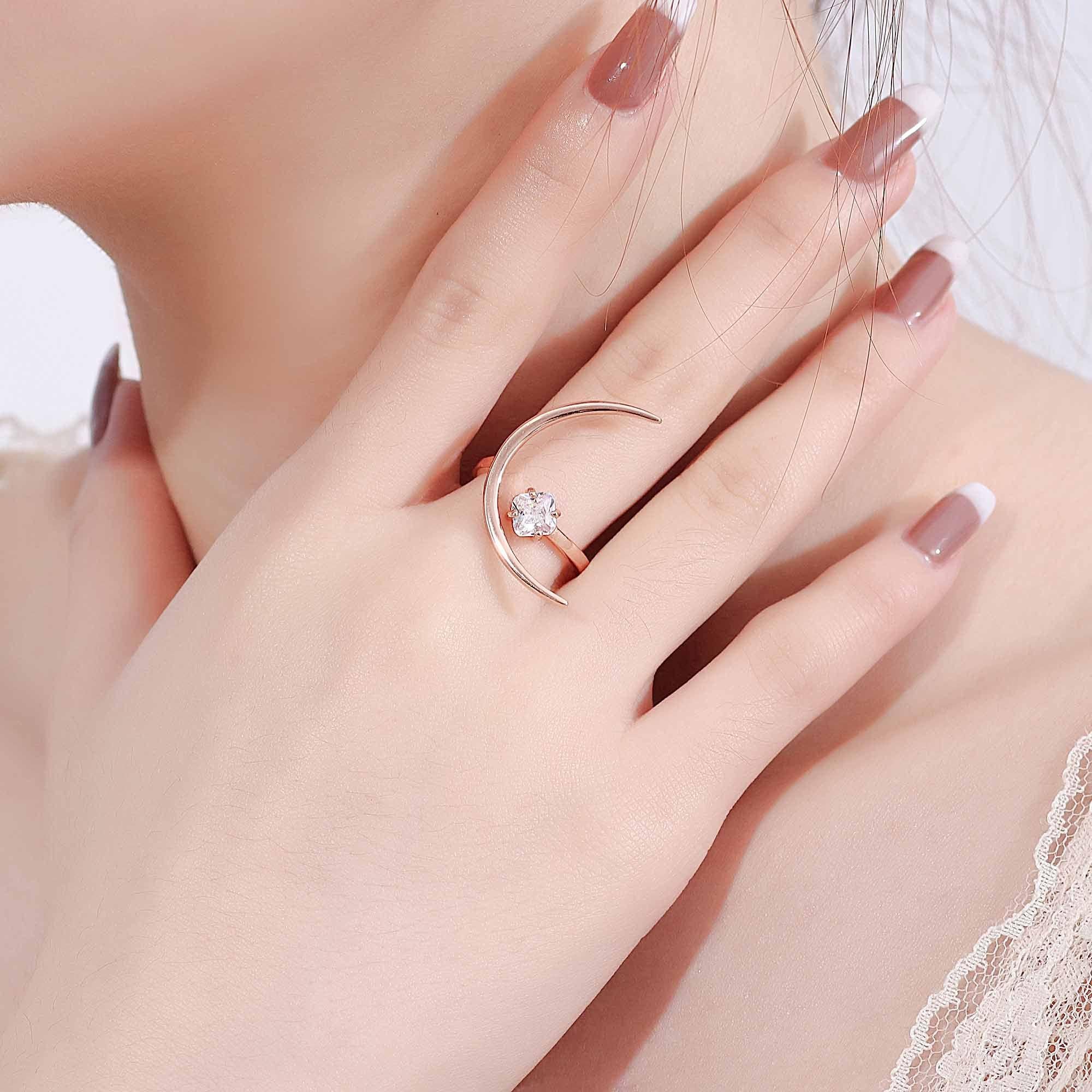 beautiful cz four leaf clover crescent moon 925 sterling silver adjustable ring