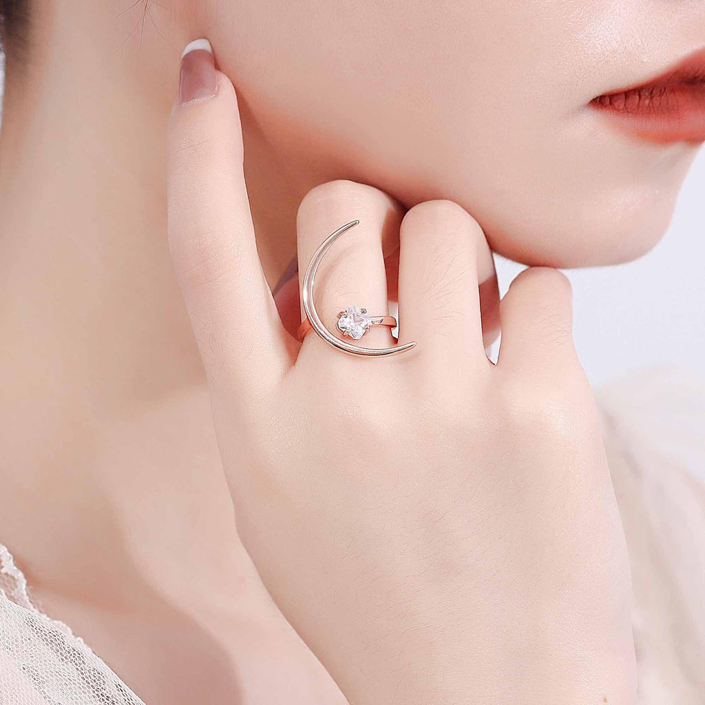 beautiful cz four leaf clover crescent moon 925 sterling silver adjustable ring