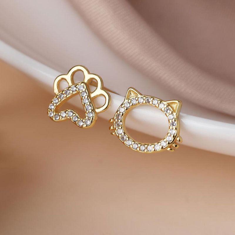 asymmetry cute cz cat paw 925 sterling silver stud earrings
