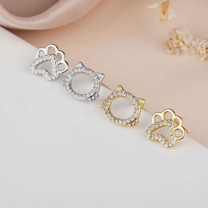 asymmetry cute cz cat paw 925 sterling silver stud earrings