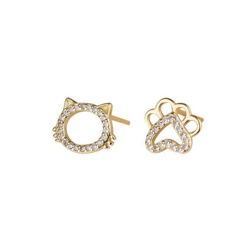 asymmetry cute cz cat paw 925 sterling silver stud earrings