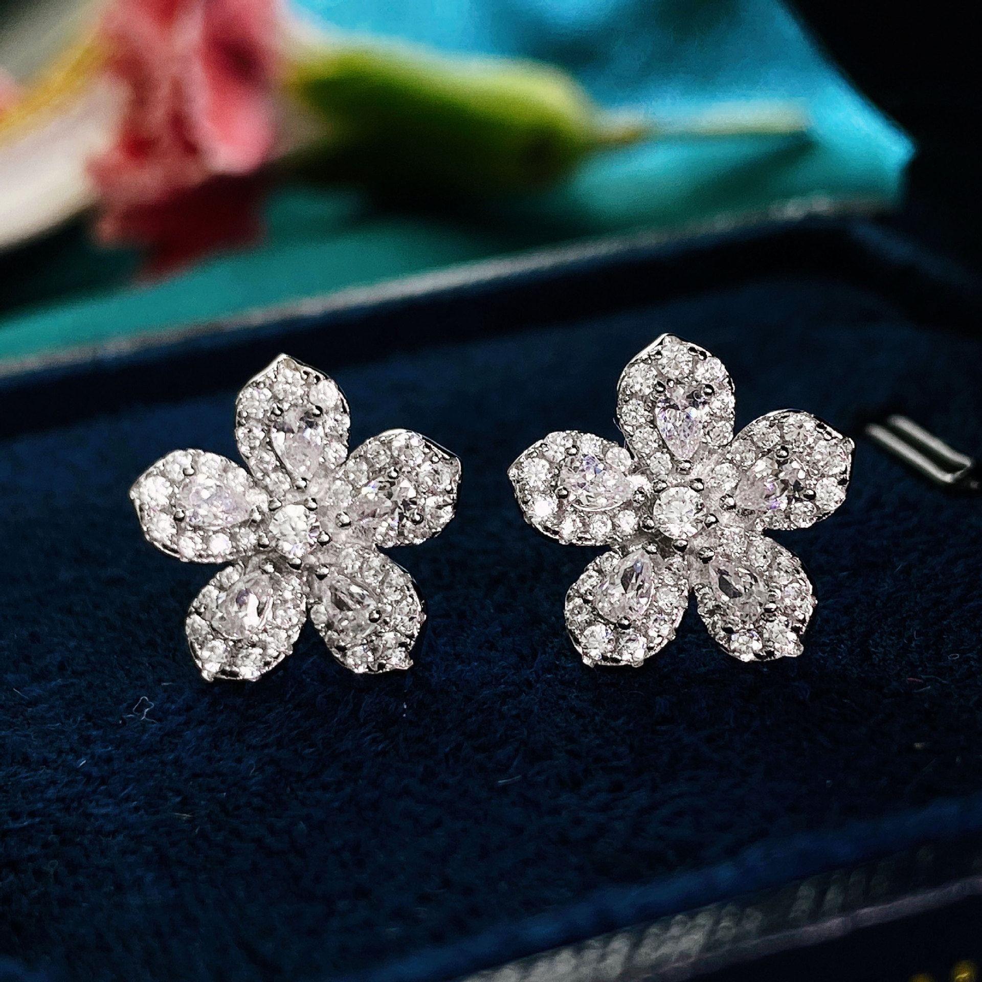 beautiful cz peach blossom flower 925 sterling silver stud earrings