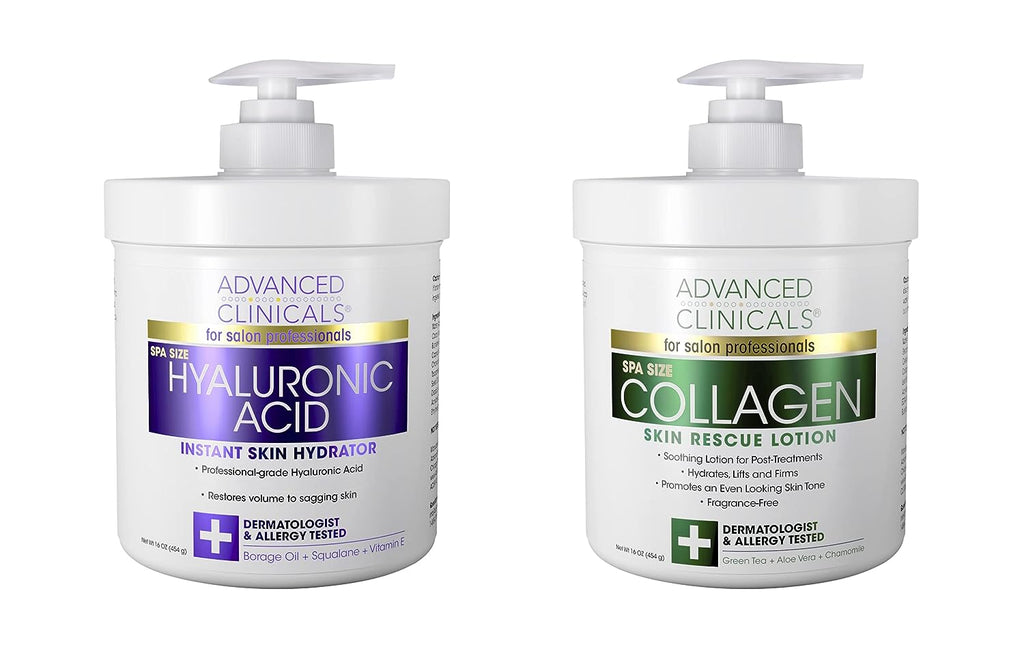 Advanced Clinicals Collagen Cream + Hyaluronic Acid Lotion Moisturizer Face &amp; Body Skin Care Set. Collagen Lotion Restores Sagging Skin &amp; Hyaluronic Acid Anti Aging Cream Hydrates Dry Skin, 2-Pack
