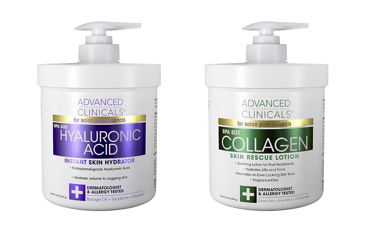 Advanced Clinicals Collagen Cream + Hyaluronic Acid Lotion Moisturizer Face &amp; Body Skin Care Set. Collagen Lotion Restores Sagging Skin &amp; Hyaluronic Acid Anti Aging Cream Hydrates Dry Skin, 2-Pack