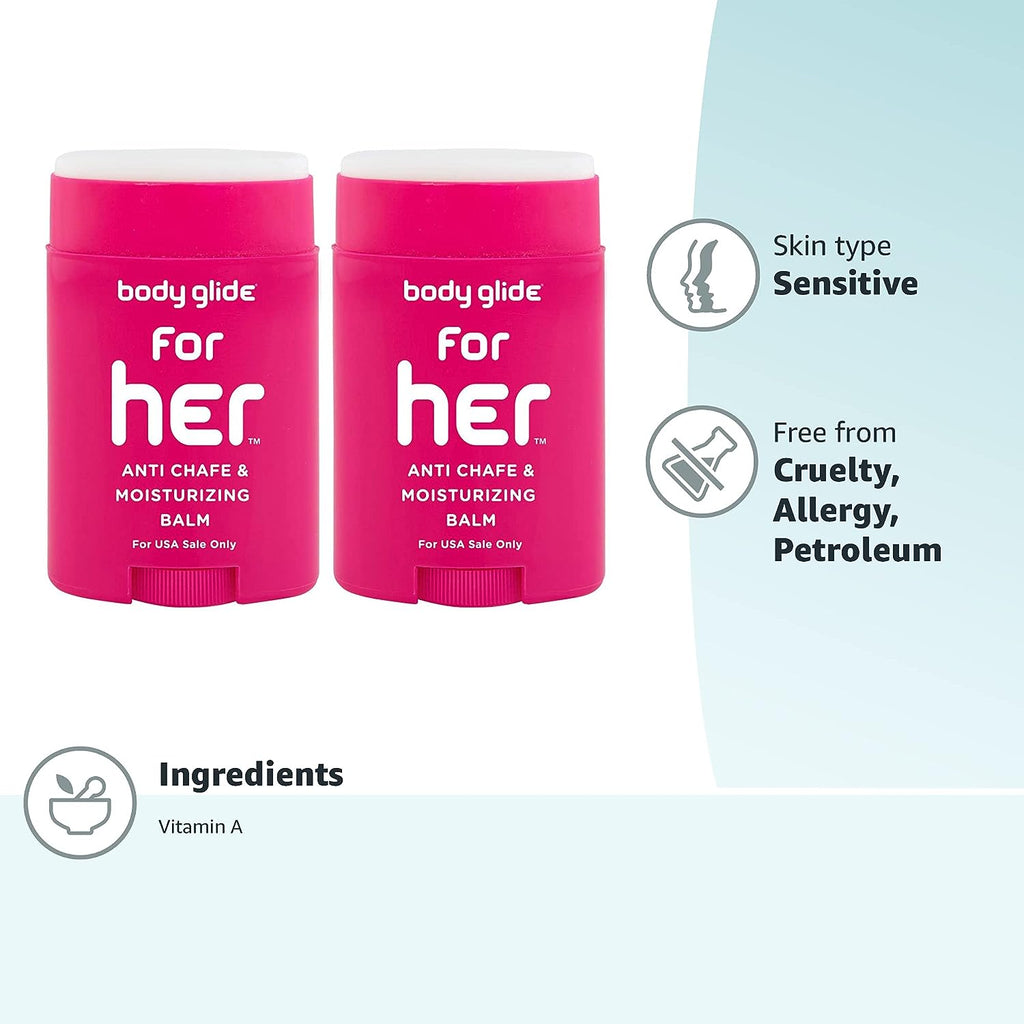 Body Glide For Her Anti Chafe Balm: anti chafing stick with added emollients. Prevent rubbing leading to chafing, raw skin, and irritation. Use for arm, bra, butt, groin, &amp; thigh chafing: 1.5oz-2pk