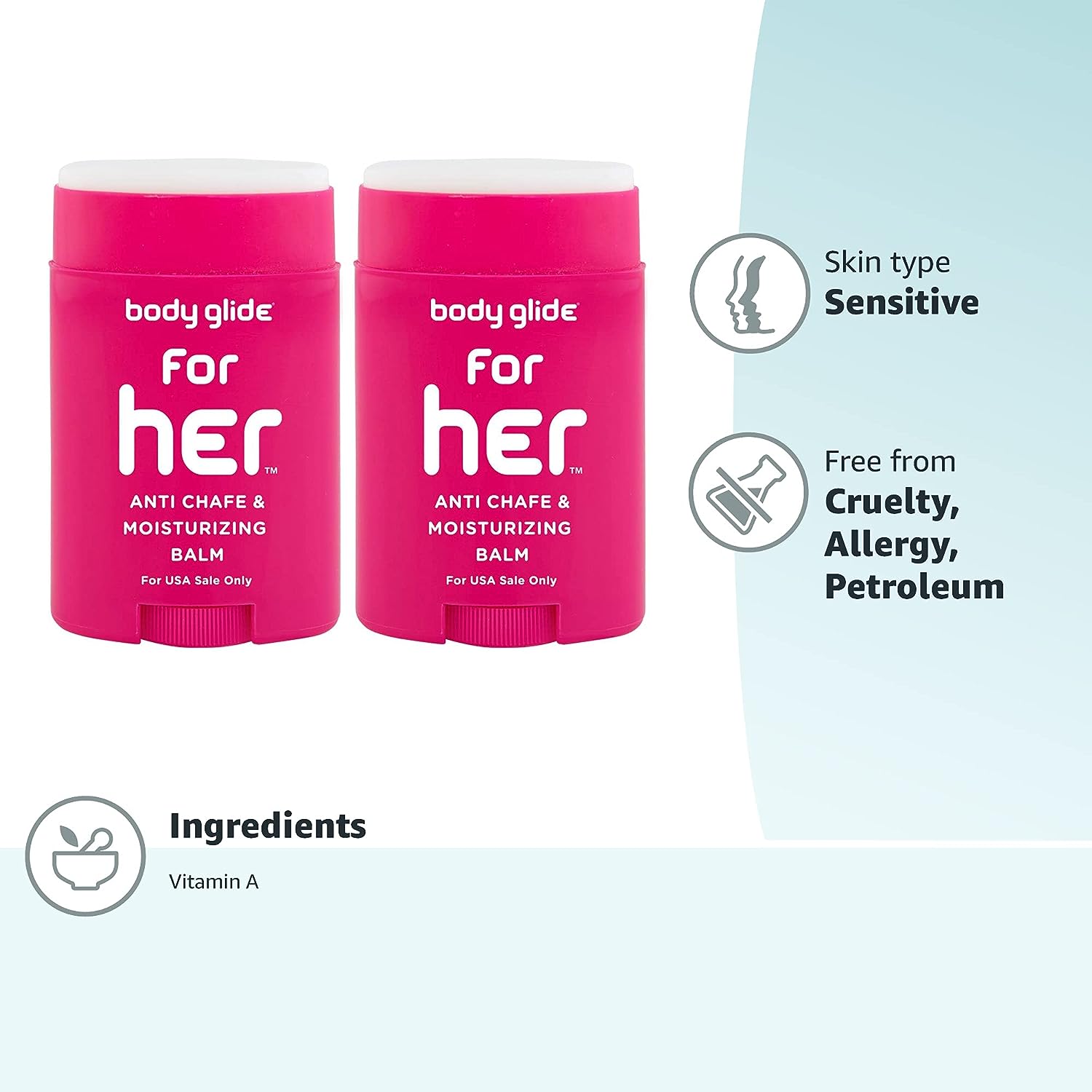 Body Glide For Her Anti Chafe Balm: anti chafing stick with added emollients. Prevent rubbing leading to chafing, raw skin, and irritation. Use for arm, bra, butt, groin, &amp; thigh chafing: 1.5oz-2pk