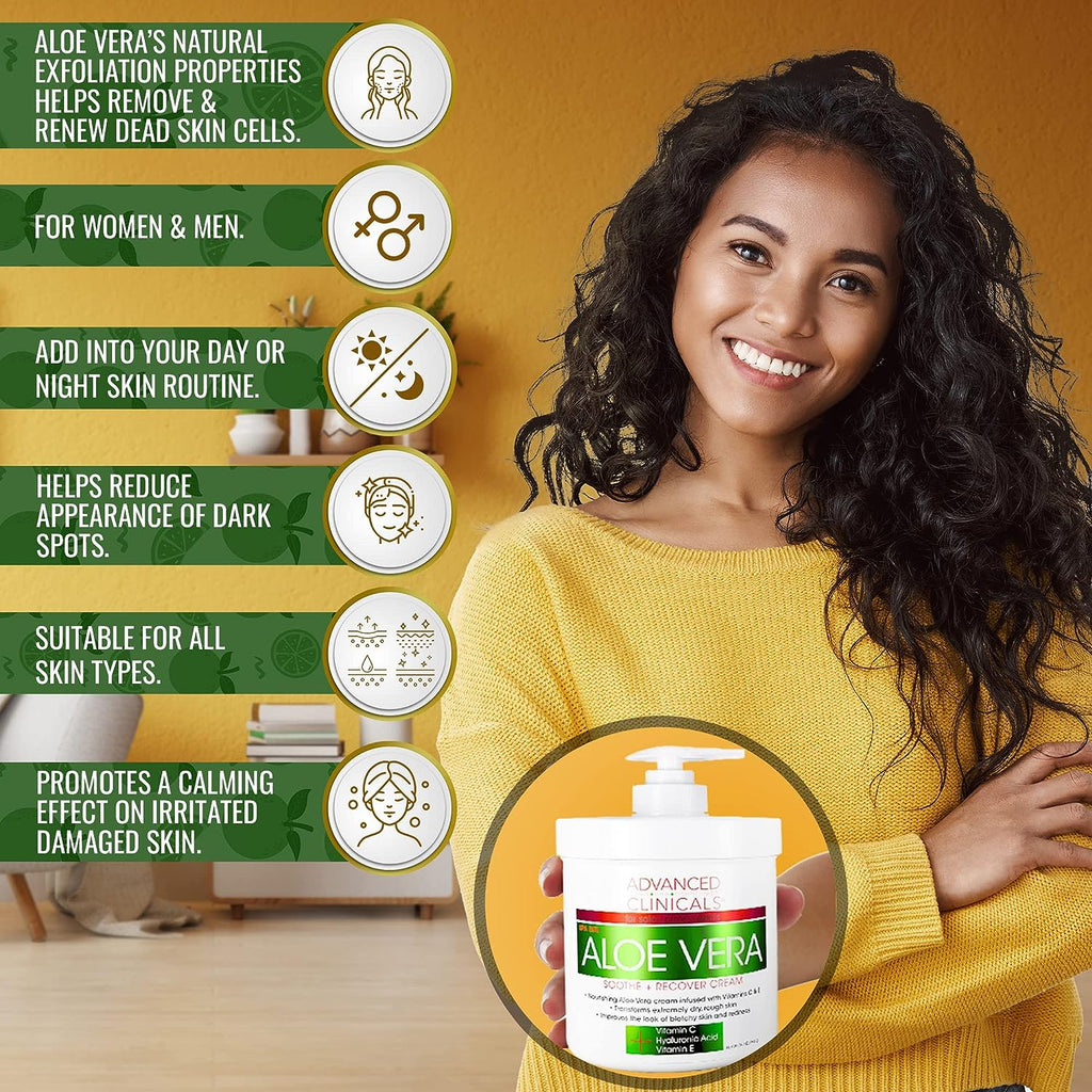 Advanced Clinicals Aloe Vera, Vitamin C &amp; Hyaluronic Acid Face &amp; Body Cream, Moisturizing Skincare for Dry, Age Spots &amp; Sun Damaged Skin, 16 oz (Pack of 2)