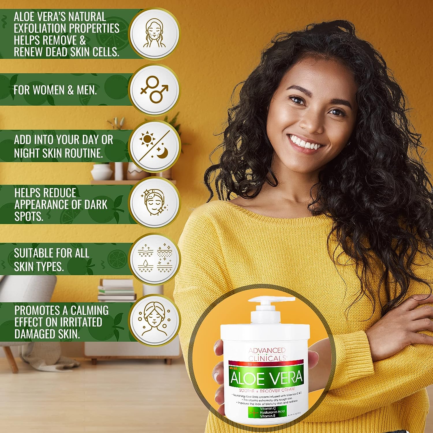 Advanced Clinicals Aloe Vera, Vitamin C &amp; Hyaluronic Acid Face &amp; Body Cream, Moisturizing Lotion for Dry &amp; Sun-Damaged Skin, 16 Oz
