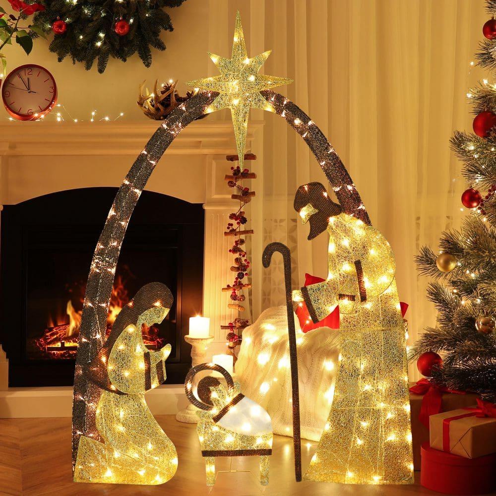 60 in. Nativity Scene Christmas Yard Decorations with LED lights, Gold