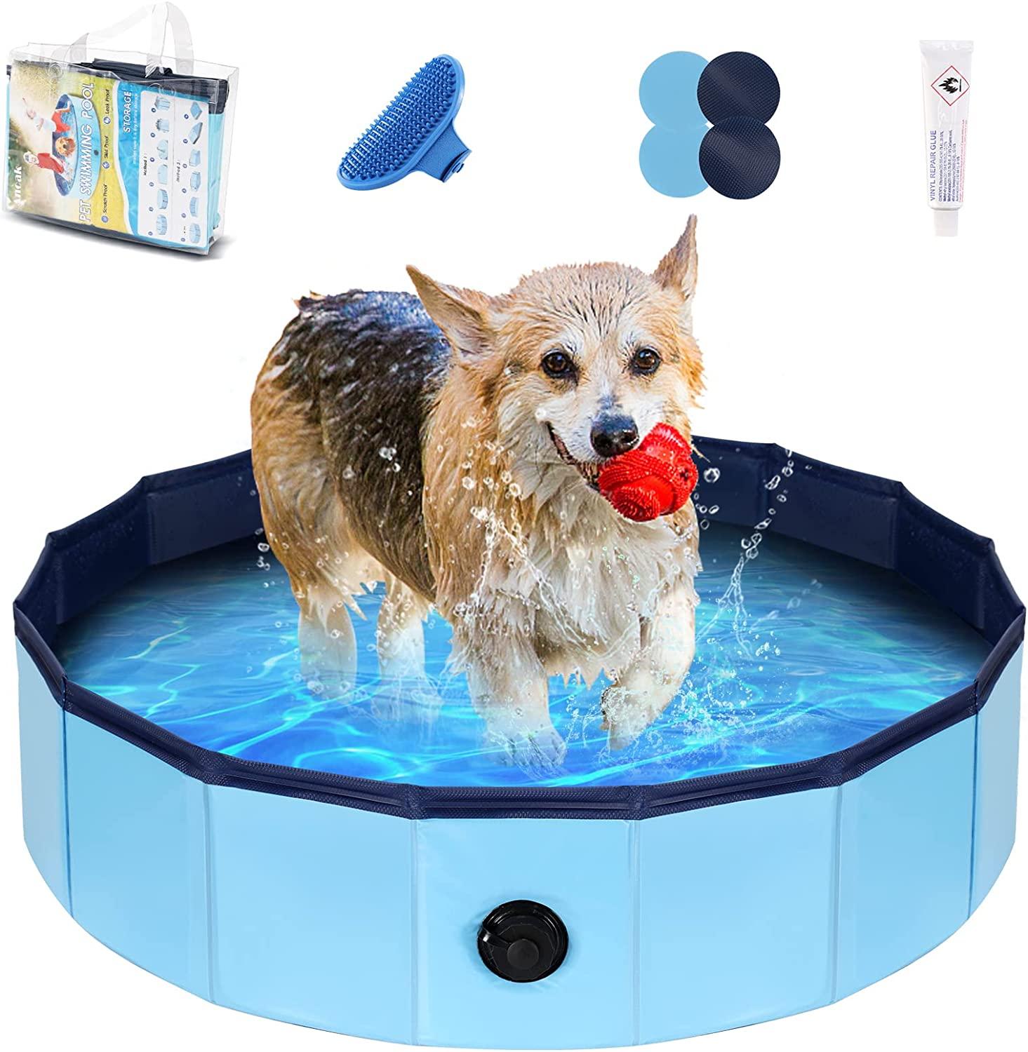 anoak foldable dog pool, plastic pool for dogs portable swimming pool for dogs, pet pool bathing tub for dogs cats with brush, storage bag, repair patch and glue