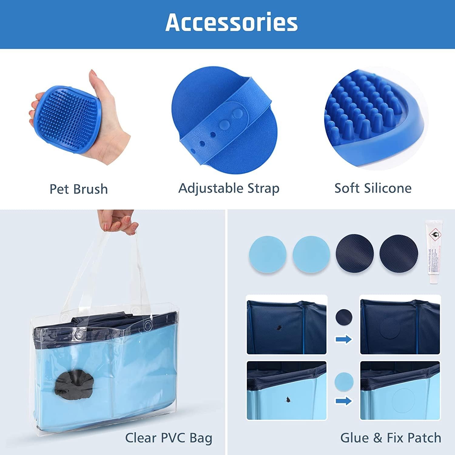 anoak foldable dog pool, plastic pool for dogs portable swimming pool for dogs, pet pool bathing tub for dogs cats with brush, storage bag, repair patch and glue