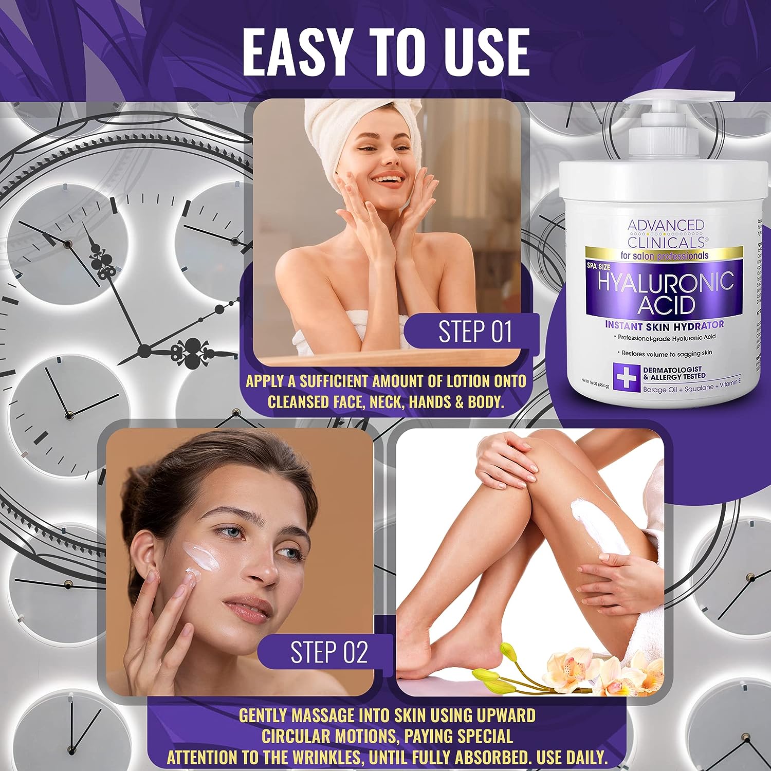 Advanced Clinicals Hyaluronic Acid Body Lotion &amp; Face Moisturizer W/Vitamin E | Hydrating Dry Skin Firming Lotion Minimizes Look Of Wrinkles, Stretch Marks, &amp; Crepey Skin | Skin Care Products, 2pc