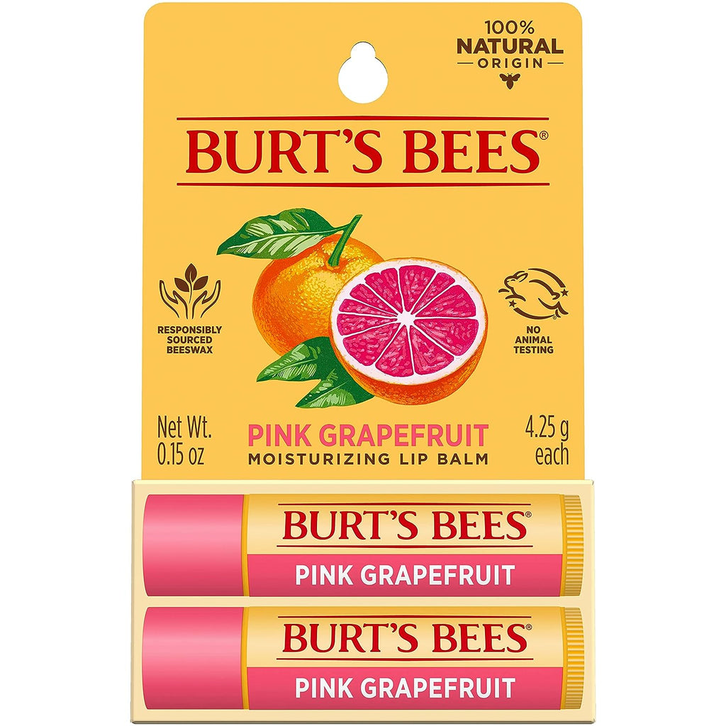 Burt's Bees Lip Balm, Moisturizing Lip Care, for All Day Hydration, 100% Natural, Pink Grapefruit with Beeswax &amp; Fruit Extracts (2 Pack)