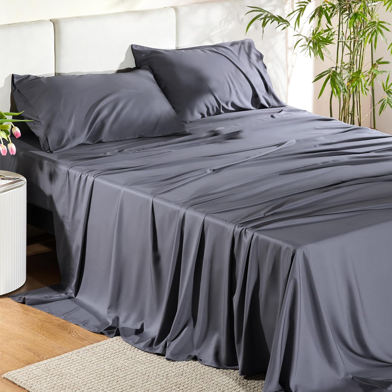 Bedsure Queen Sheets, Rayon Derived from Bamboo, Queen Cooling Sheet Set, Deep Pocket Up to 16", Breathable &amp; Soft Bed Sheets, Hotel Luxury Silky Bedding Sheets &amp; Pillowcases, Dark Grey