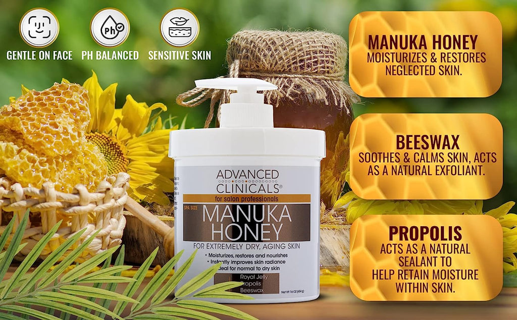 Advanced Clinicals Manuka Honey Cream Face Moisturizer &amp; Body Butter Lotion For Dry Skin | Firming &amp; Hydrating Miracle Balm Skin Care Moisturizing Lotion For Women, Wrinkles, &amp; Sun Damaged Skin, 16Oz