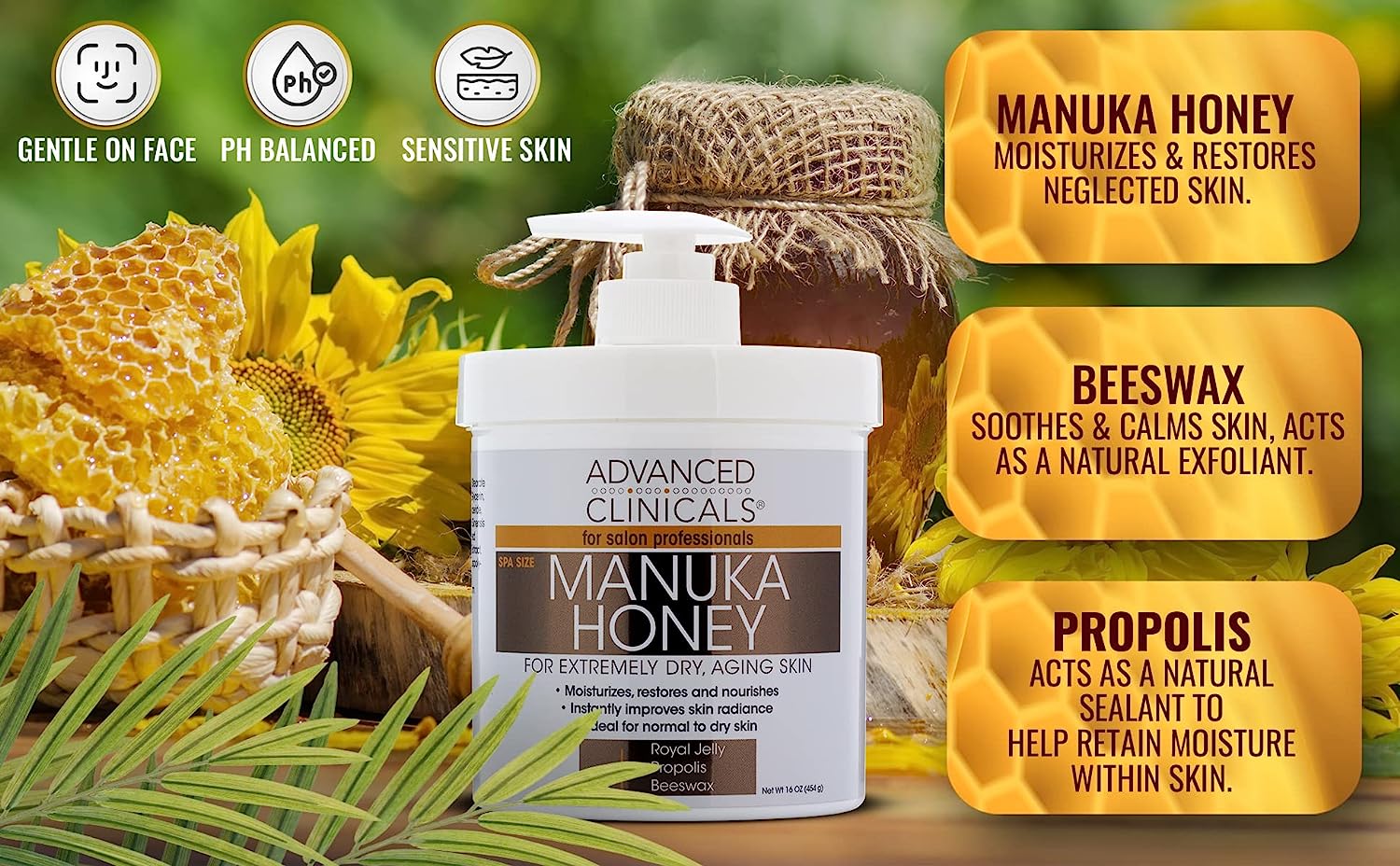 Advanced Clinicals Manuka Honey Cream Face Moisturizer &amp; Body Butter Lotion For Dry Skin | Firming &amp; Hydrating Miracle Balm Skin Care Moisturizing Lotion For Women, Wrinkles, &amp; Sun Damaged Skin, 16Oz