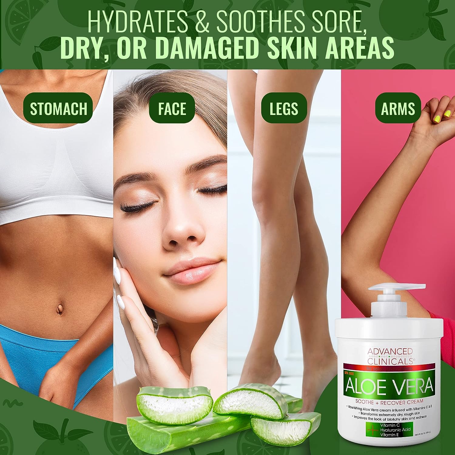 Advanced Clinicals Aloe Vera, Vitamin C &amp; Hyaluronic Acid Face &amp; Body Cream, Moisturizing Lotion for Dry &amp; Sun-Damaged Skin, 16 Oz