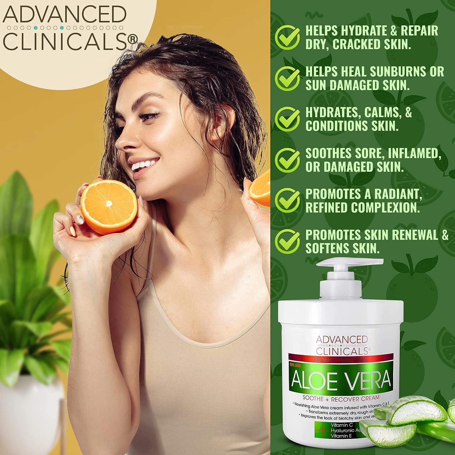 Advanced Clinicals Aloe Vera, Vitamin C &amp; Hyaluronic Acid Face &amp; Body Cream, Moisturizing Lotion for Dry &amp; Sun-Damaged Skin, 16 Oz