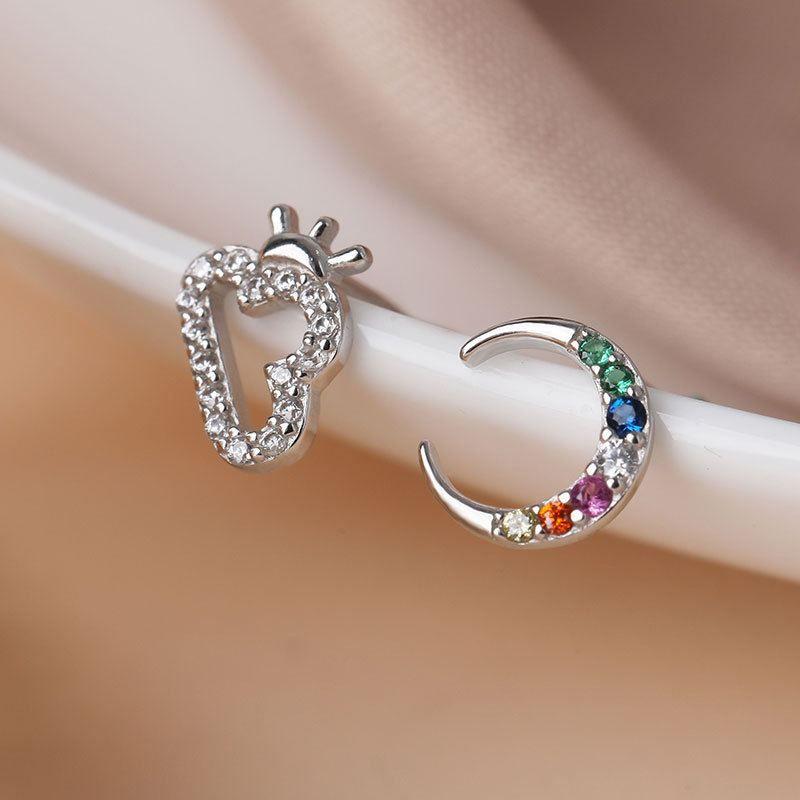 asymmetry colorful cz crescent moon cloud 925 sterling silver stud earrings