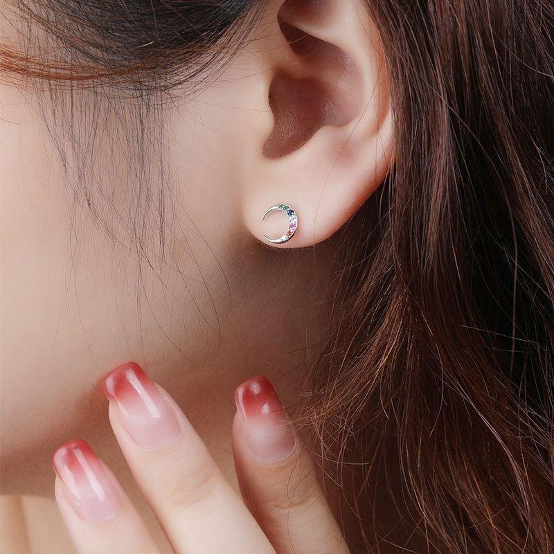 asymmetry colorful cz crescent moon cloud 925 sterling silver stud earrings