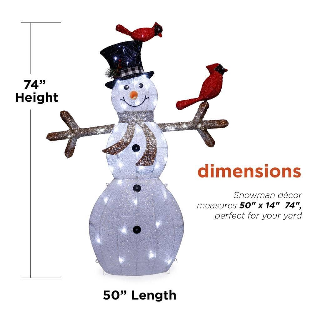 74 in. Tall Mesh Snowman Decor with Red Birds and Cool White LED Lights
