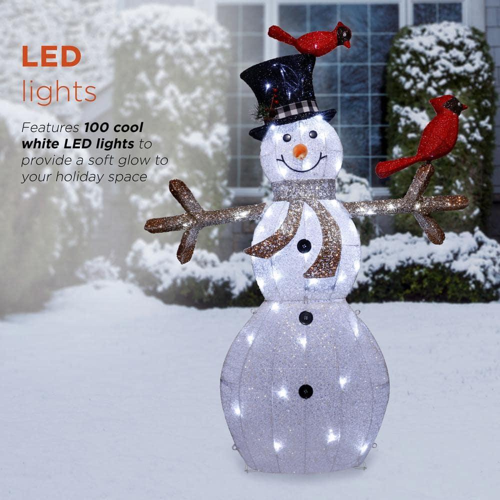 74 in. Tall Mesh Snowman Decor with Red Birds and Cool White LED Lights