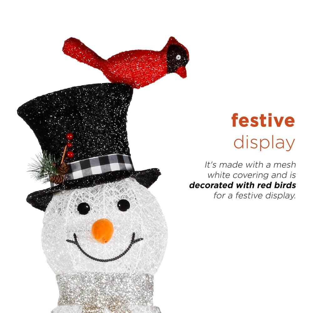 74 in. Tall Mesh Snowman Decor with Red Birds and Cool White LED Lights