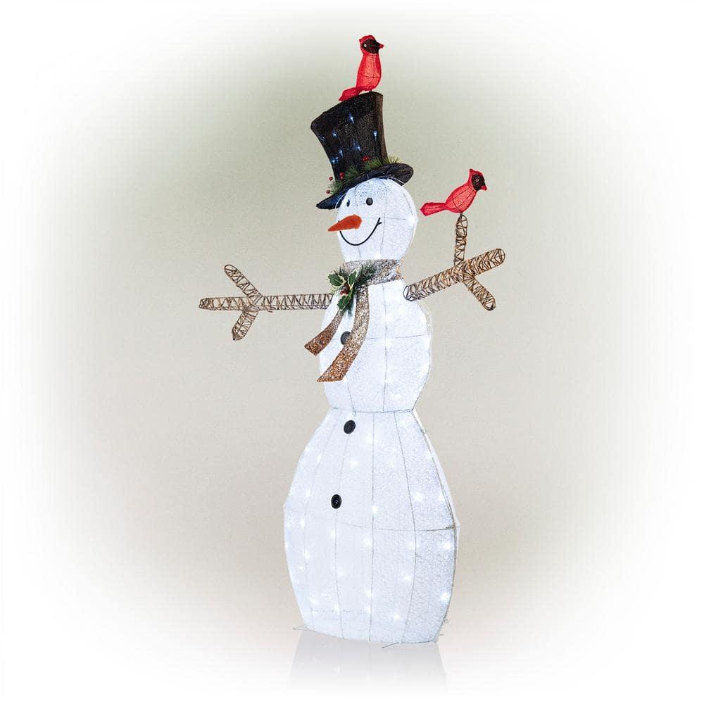 74 in. Tall Mesh Snowman Decor with Red Birds and Cool White LED Lights