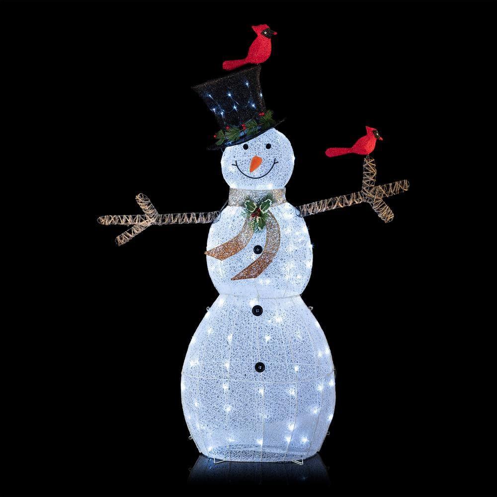 74 in. Tall Mesh Snowman Decor with Red Birds and Cool White LED Lights