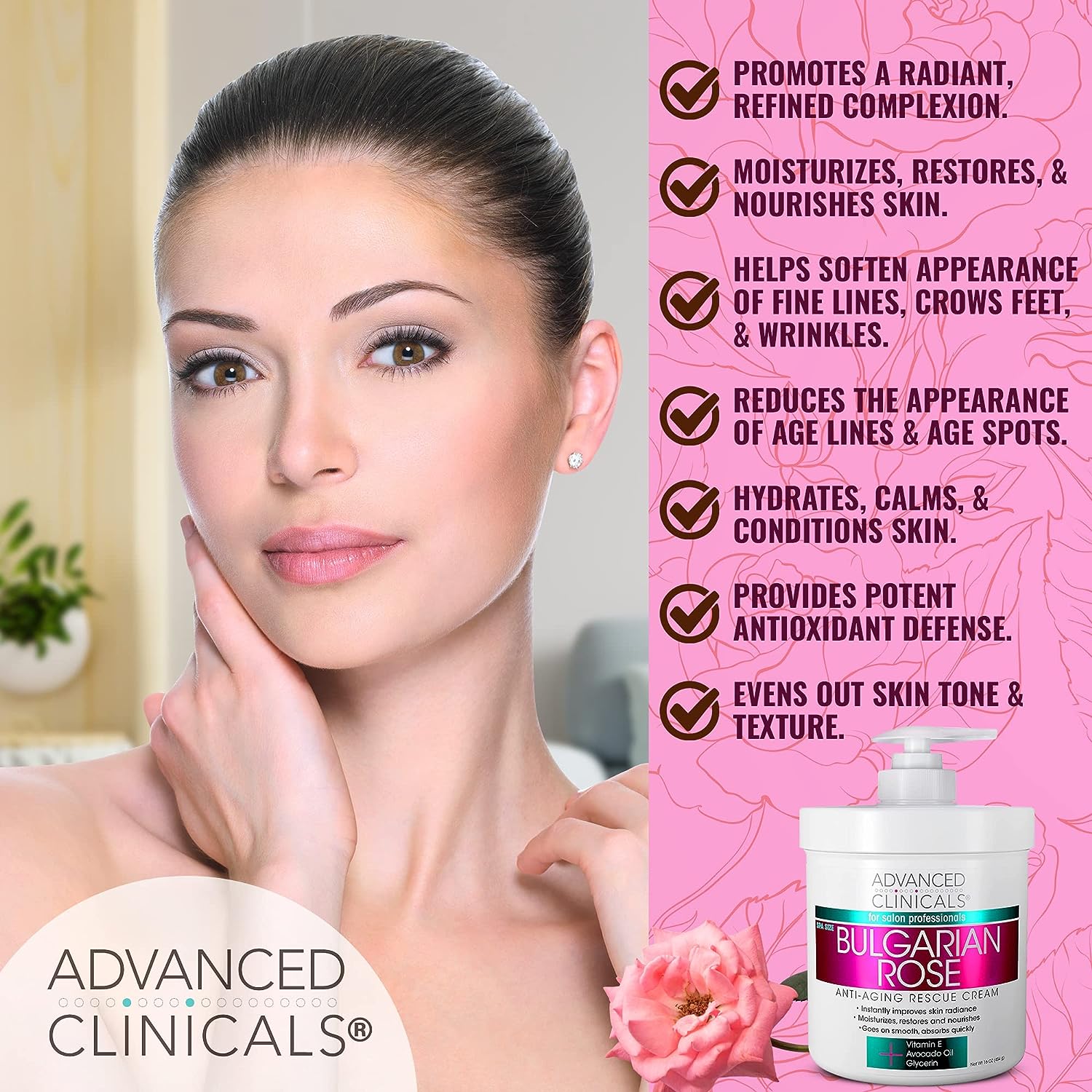 Advanced Clinicals Bulgarian Rose Anti Aging Rescue Cream Face &amp; Body Moisturizing Skin Care Lotion, Skincare Moisturizer For Dry Skin, Age Spots, &amp; Improving Skin Radiance, Large 16 Oz (Pack of 2)