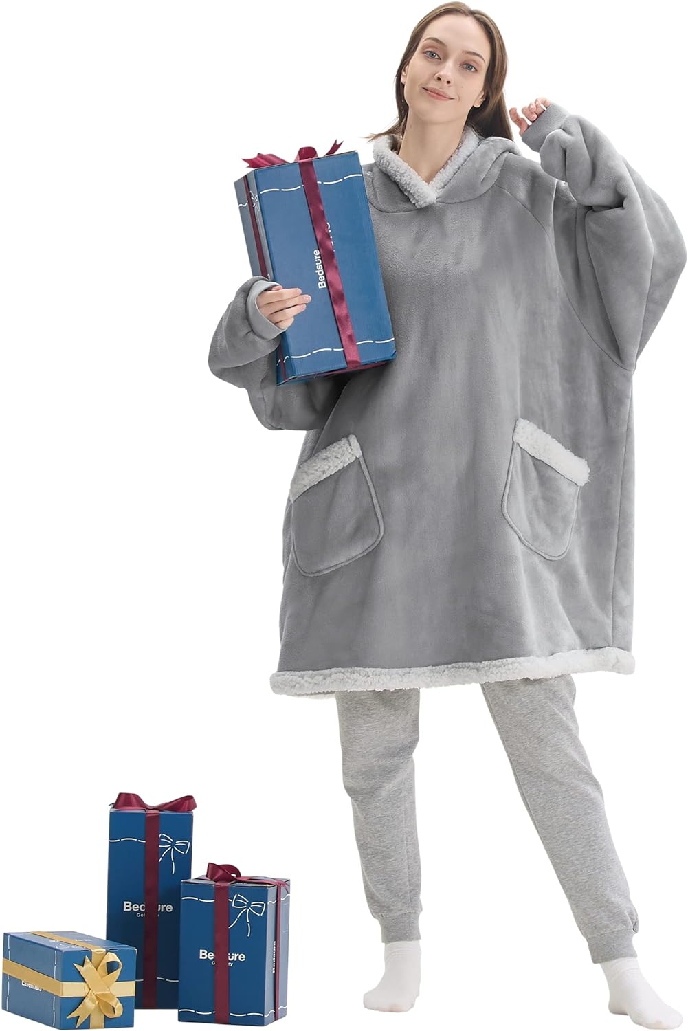 Bedsure Wearable Blanket Hoodie - Sherpa Fleece Hooded Blanket for Adult as A Gift, Warm &amp; Comfortable Blanket Sweatshirt with Giant Pocket both Indoors and Outdoors (Standard, Grey)