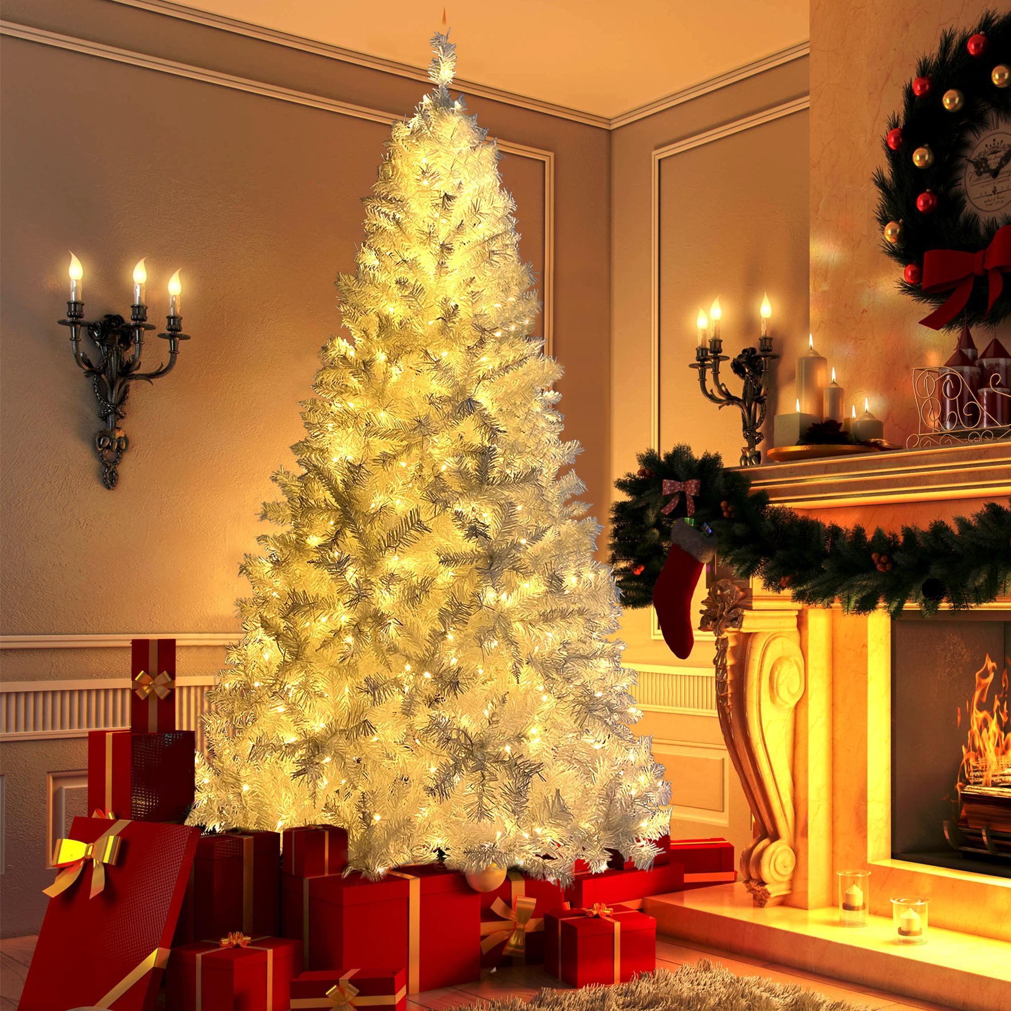 7.4 ft National Christmas Tree White Hinged Spruce Full Tree, with 500 LED lights, PVC branch,Artificial Holiday Christmas Pine Tree for Home, Office, Party