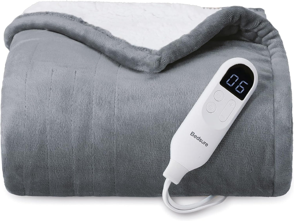Bedsure Heated Blanket Electric Blanket - Soft Flannel Electric Throw, Heating Blanket with 4 Time Settings, 6 Heat Settings, and 3 hrs Timer Auto Shut Off (50x60 inches, Grey)